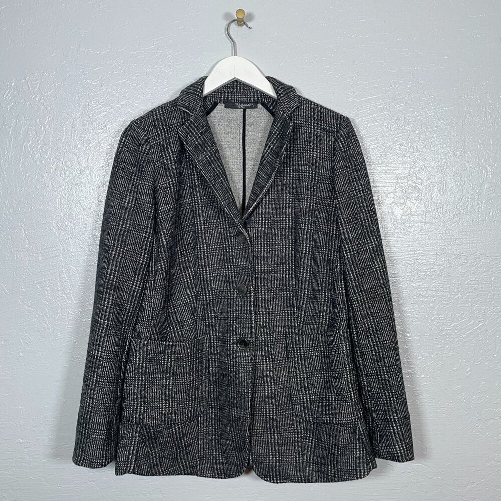 Weekend MAX MARA Women M Black Gray Wool Plaid Coat Jacket Blazer Unlined Pocket